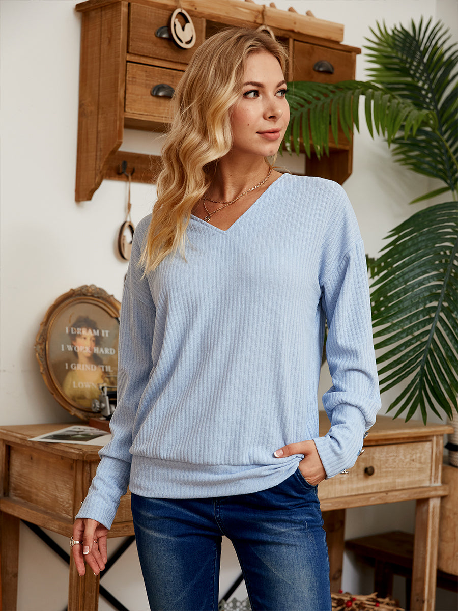 Womens Fashion Solid Color Wild V-neck Loose Blouse
