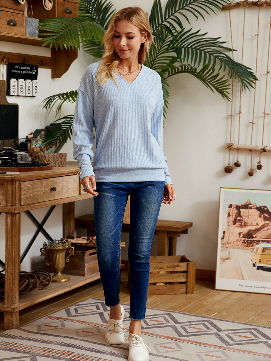 Womens Fashion Solid Color Wild V-neck Loose Blouse