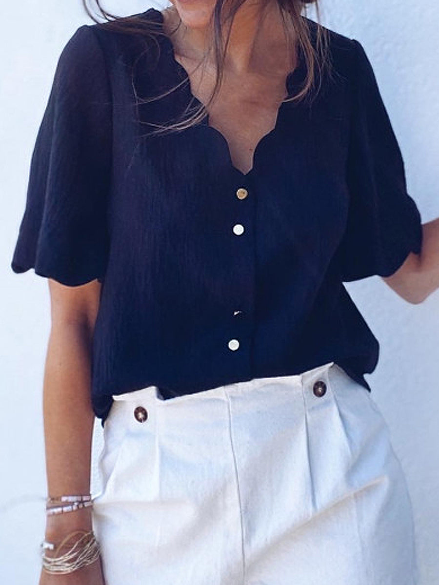 Solid Color Half Sleeve Casual Blouse