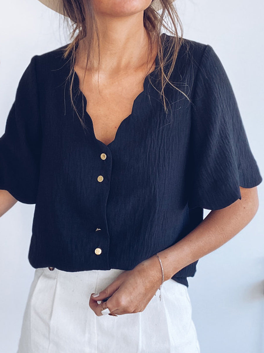 Solid Color Half Sleeve Casual Blouse