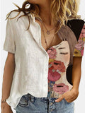 Cotton And Linen Color Matching Short-sleeved Digital Printed Blouse