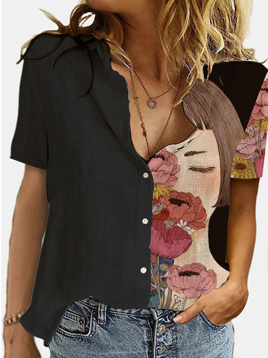 Cotton And Linen Color Matching Short-sleeved Digital Printed Blouse