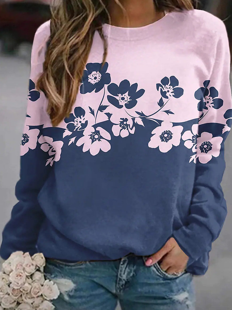 Flower Print Round Neck Long-sleeved Sweatshirt