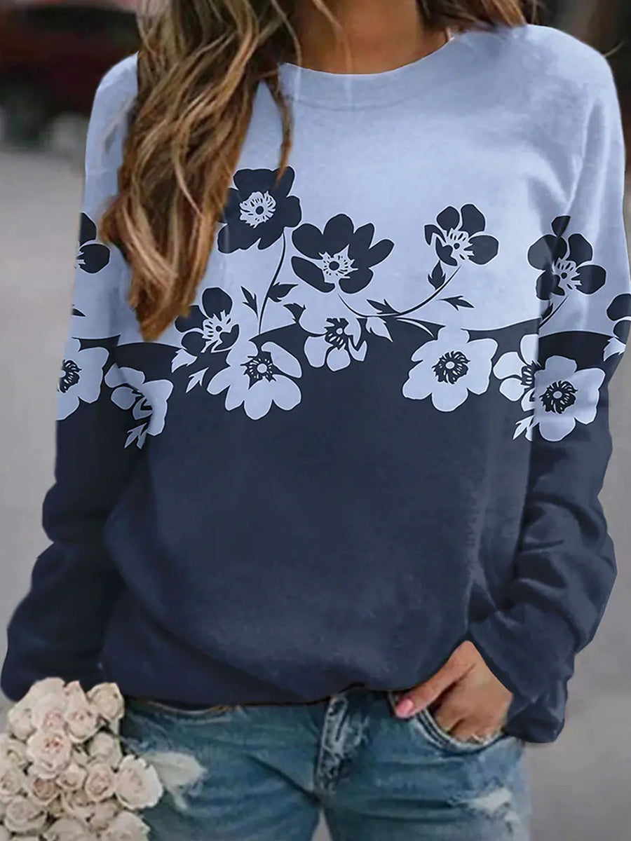 Flower Print Round Neck Long-sleeved Sweatshirt