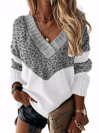 Autumn/winter V-neck Color-blocking Leopard-print Knit Pullo