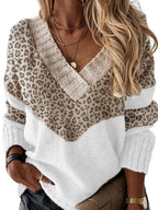 Autumn/winter V-neck Color-blocking Leopard-print Knit Pullo