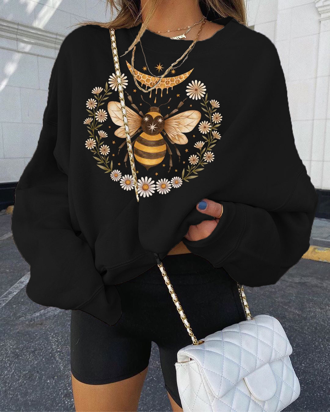Vintage Print Basic Loose Long Sleeve Sweatshirt