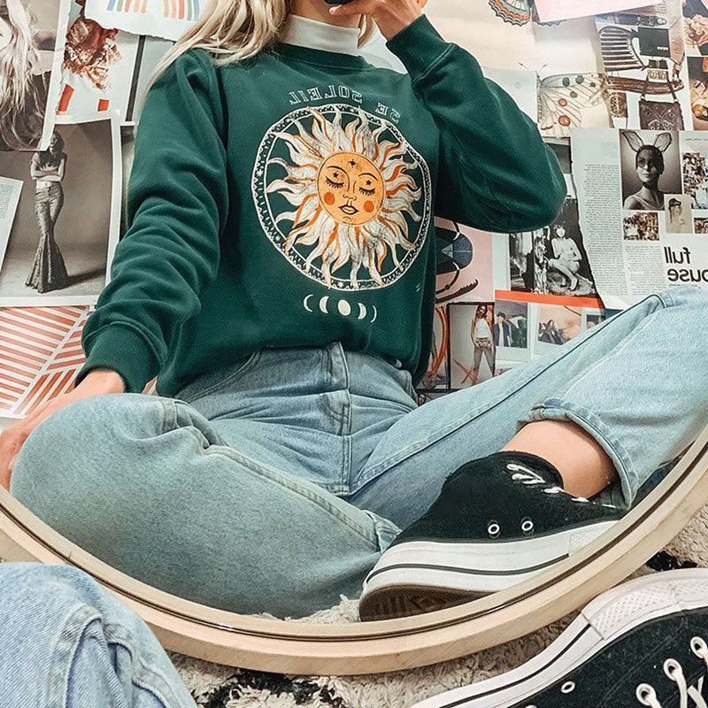 Autumn And Winter Casual Sun Flower Print Crew Neck Sweatshirt