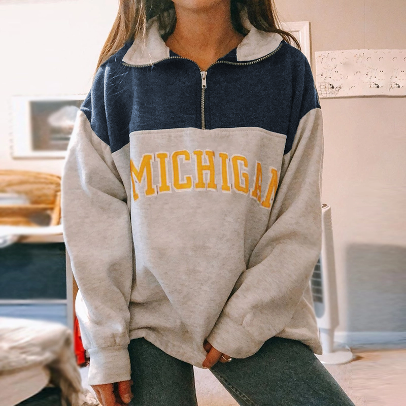 Womens Letter Print Zip Pullover