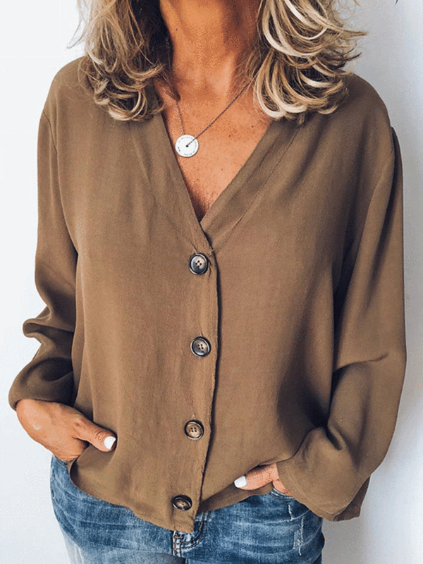 Solid Color Cardigan V-neck Long-sleeved Chiffon Blouse