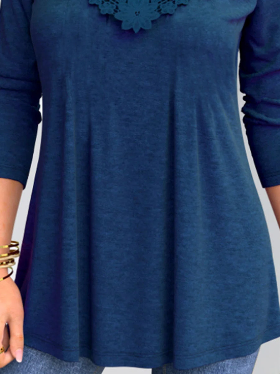 Pure Color Lace Stitching Casual Long-sleeved T-shirt