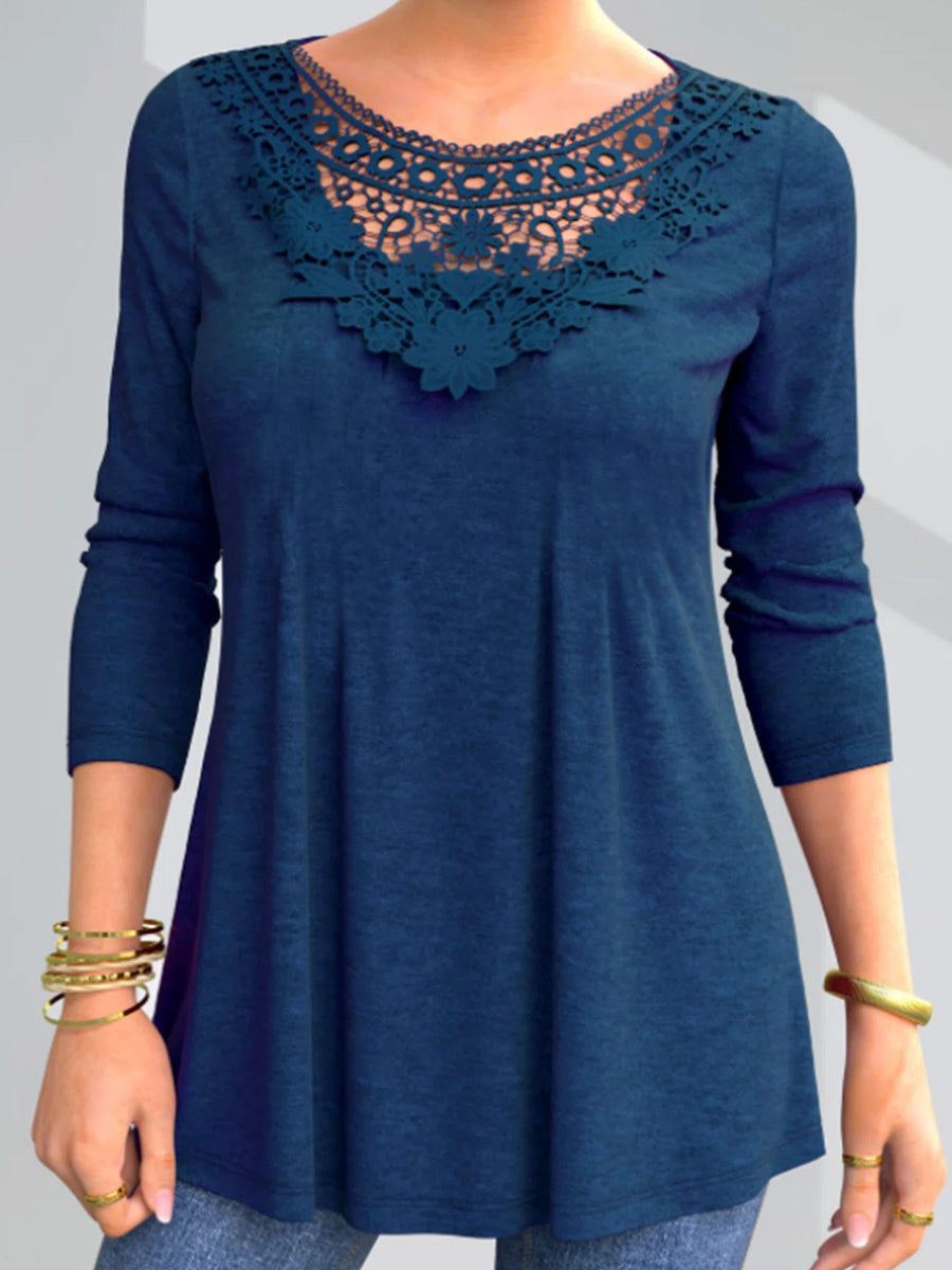 Pure Color Lace Stitching Casual Long-sleeved T-shirt