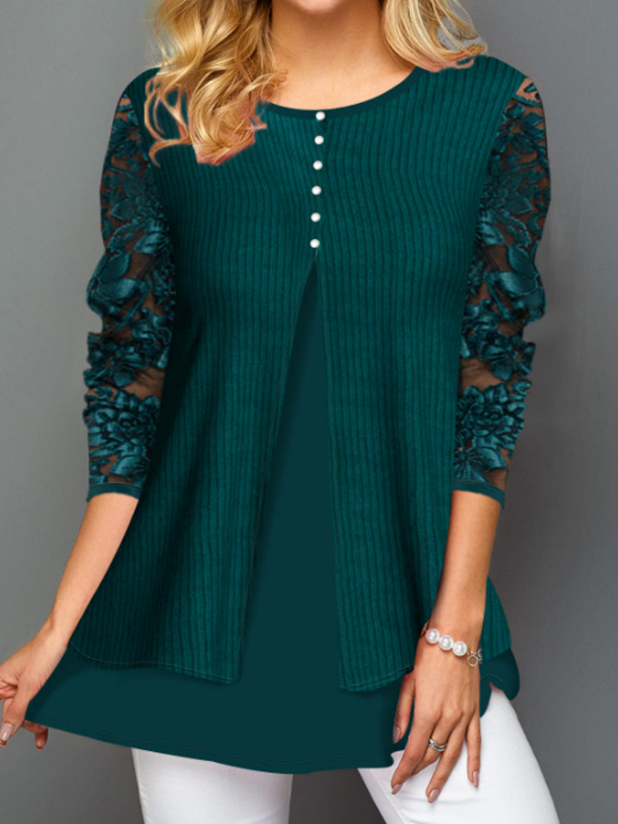 Round Neck Lace Stitching Casual Long-sleeved Blouse