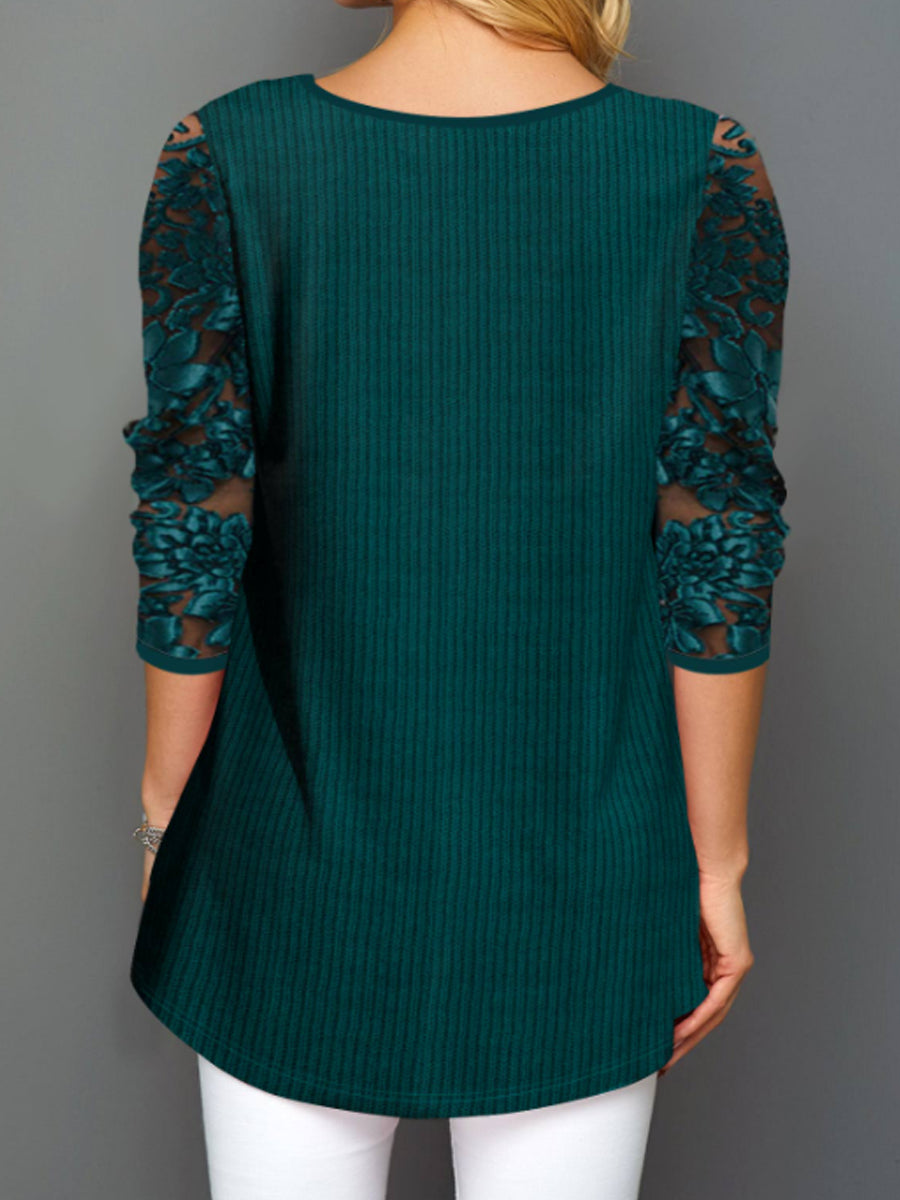 Round Neck Lace Stitching Casual Long-sleeved Blouse