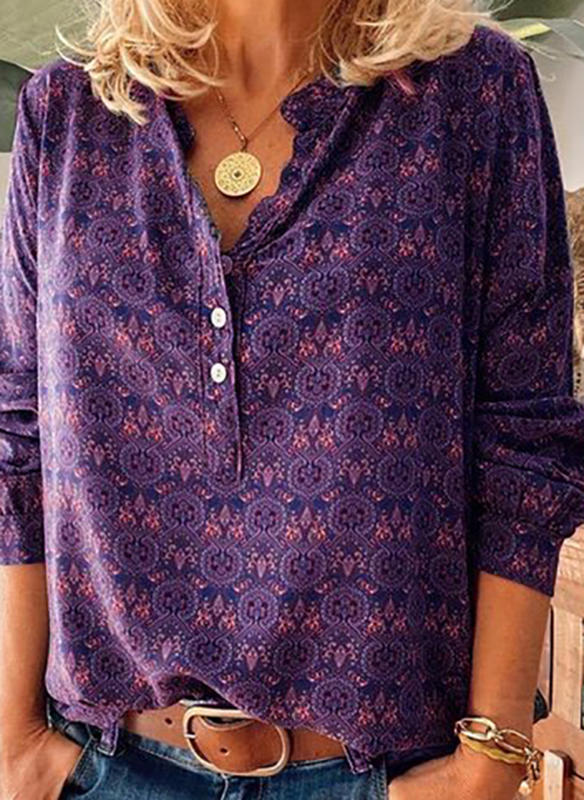 Retro Print Stand Collar Long Sleeve Casual Shirt