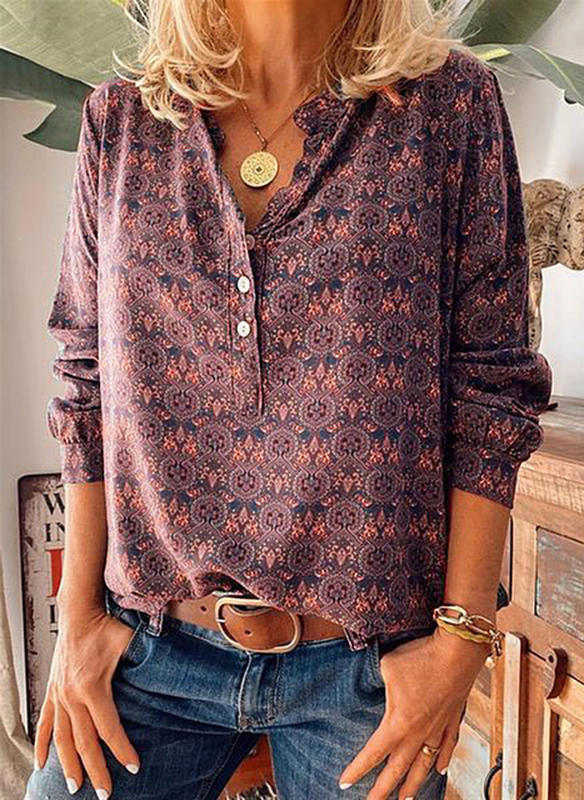 Retro Print Stand Collar Long Sleeve Casual Shirt