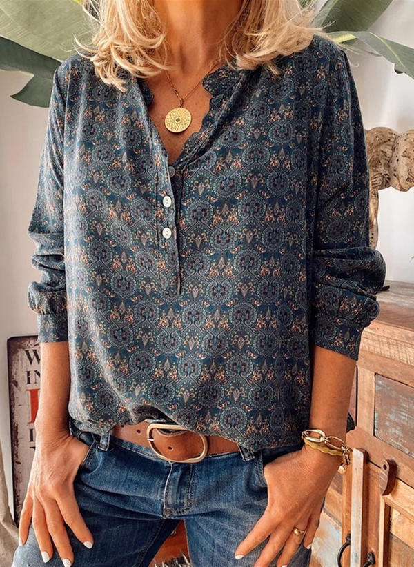 Retro Print Stand Collar Long Sleeve Casual Shirt