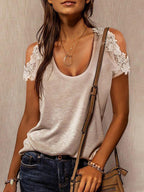 Solid Color Round Neck Lace Short-sleeved T-shirt
