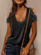 Solid Color Round Neck Lace Short-sleeved T-shirt