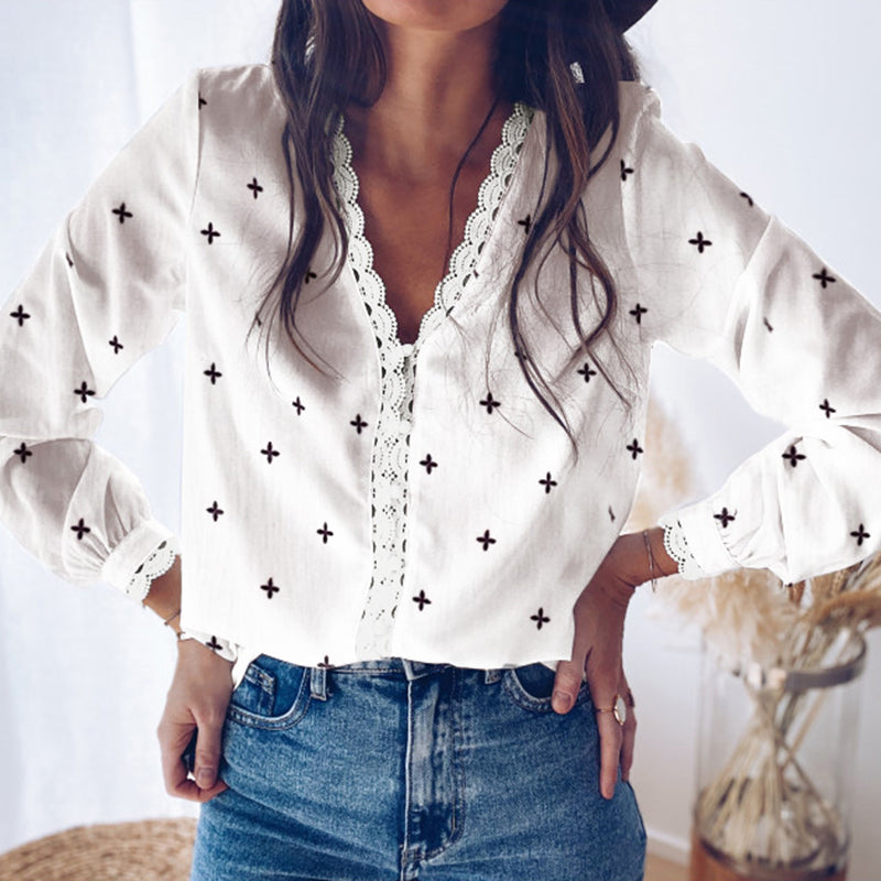 Fashion French Stitching Lace Print Shirt