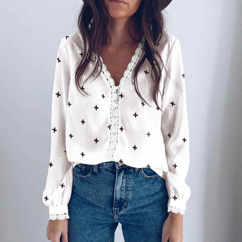 Fashion French Stitching Lace Print Shirt