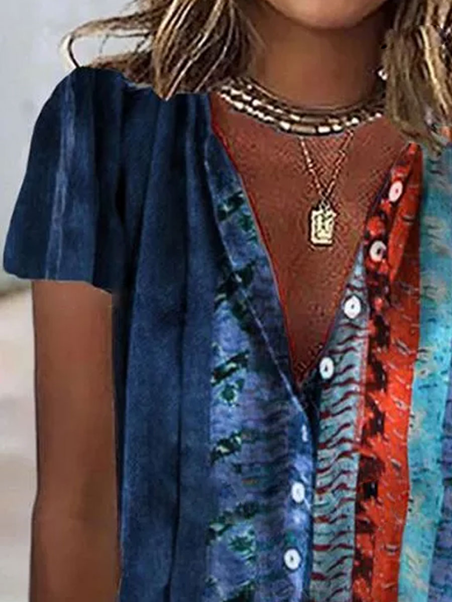V-neck Gradient Stripe Print Short-sleeved Blouse