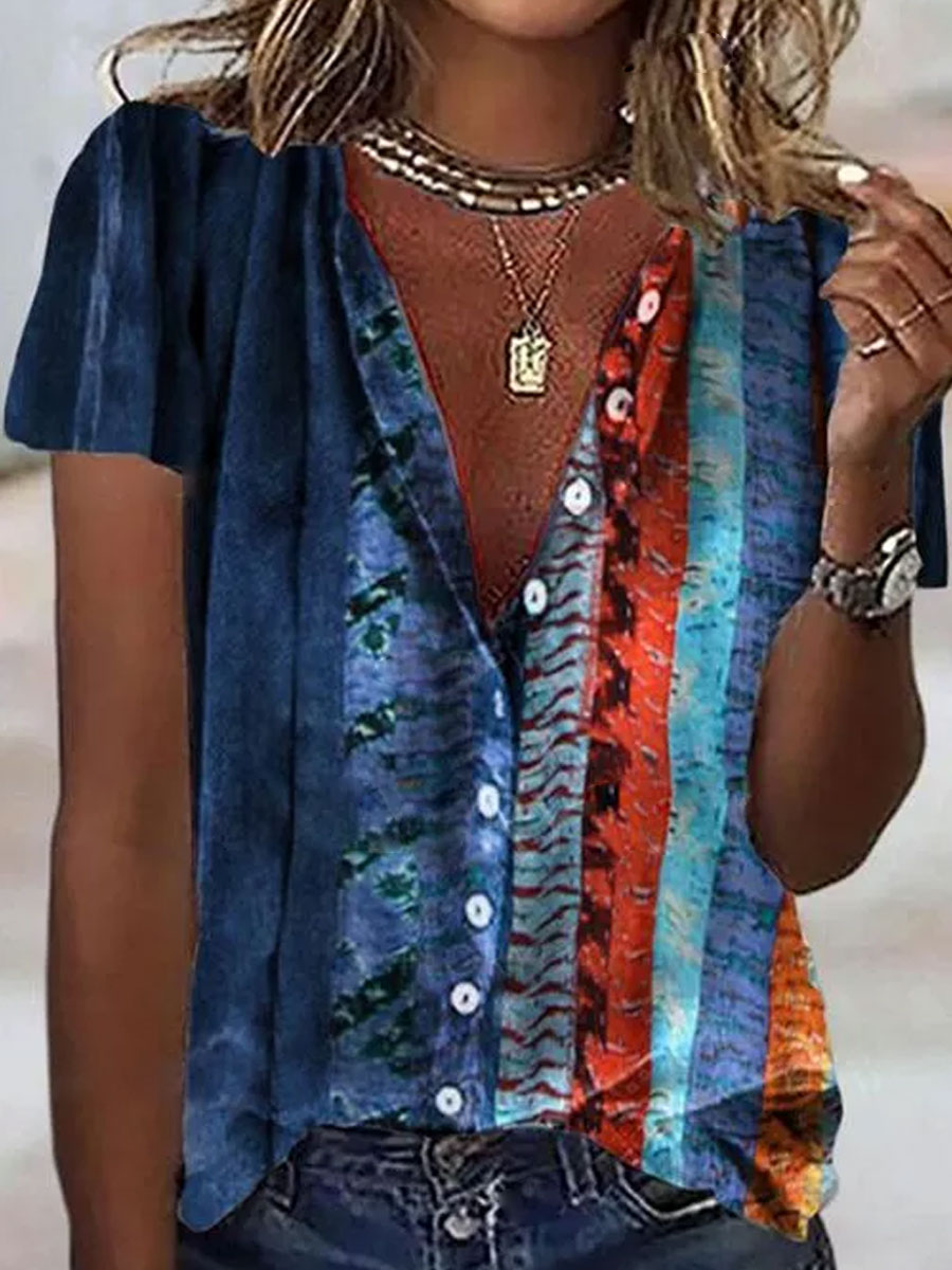 V-neck Gradient Stripe Print Short-sleeved Blouse