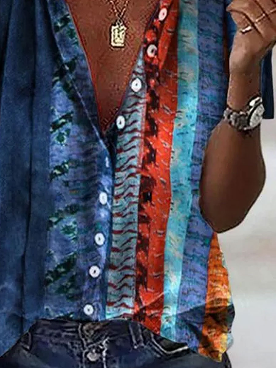V-neck Gradient Stripe Print Short-sleeved Blouse