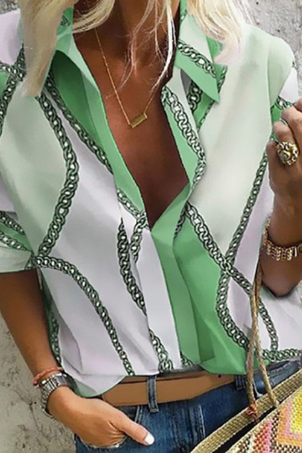 A Lapel Long Sleeve Printed Blouse