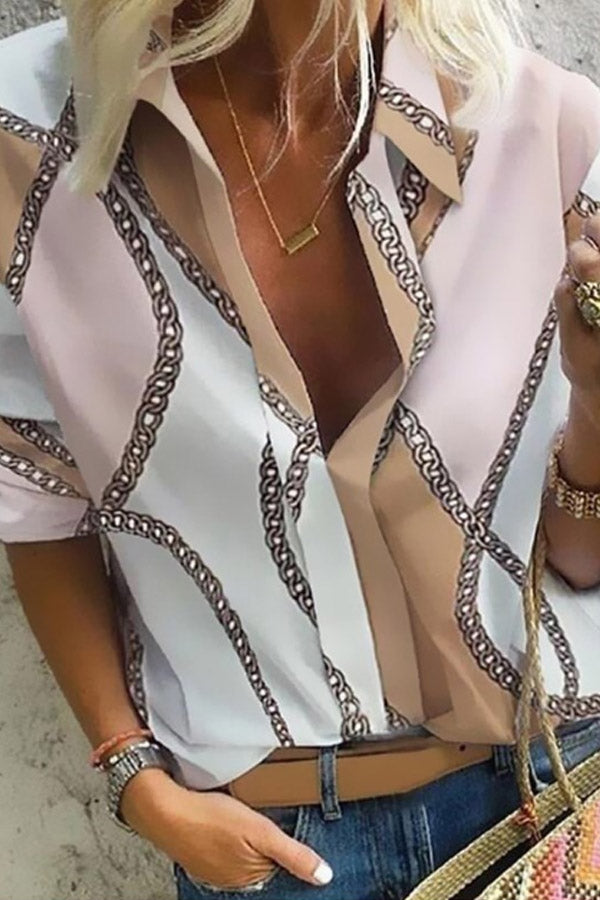 A Lapel Long Sleeve Printed Blouse