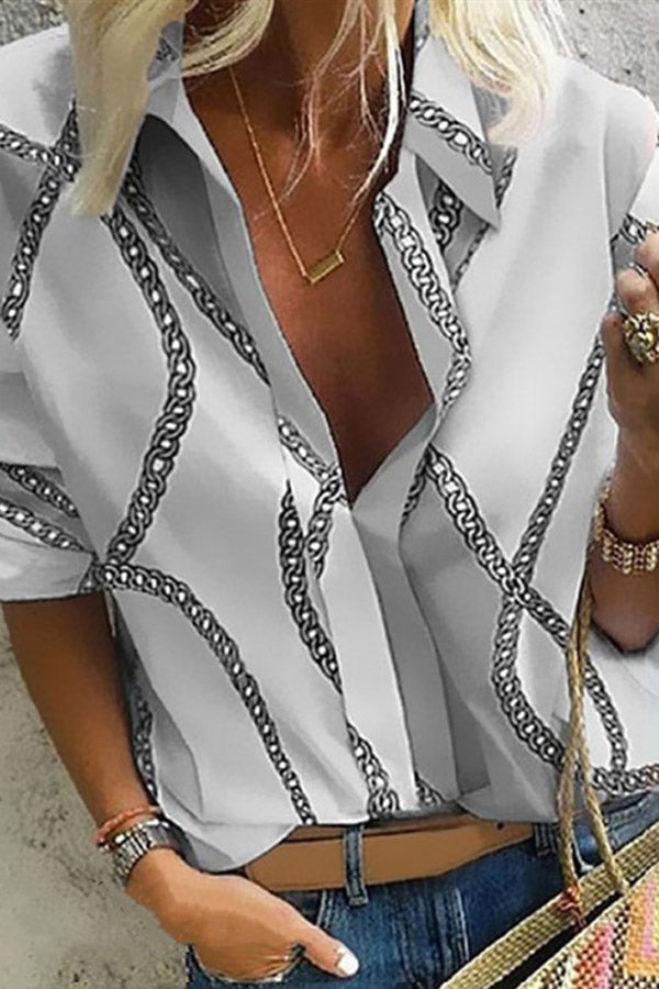 A Lapel Long Sleeve Printed Blouse