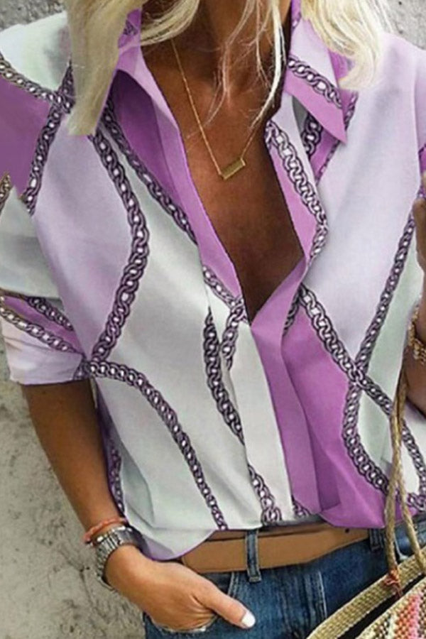 A Lapel Long Sleeve Printed Blouse