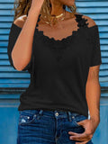 V-neck Stitching Lace Casual Loose Short-sleeved T-shirt