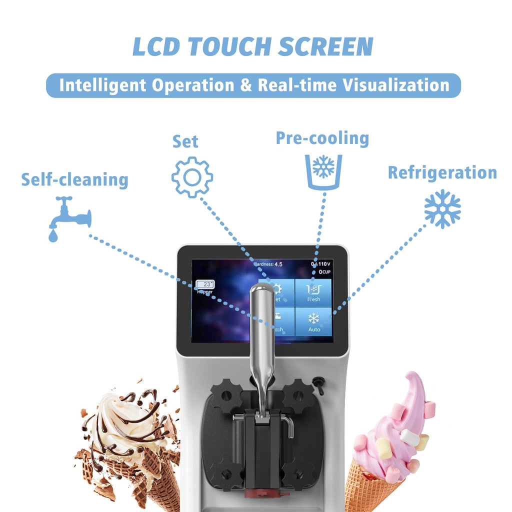 Commercial Ice Cream Maker Machine 1000W 2.7 to 4 Gal/H Single Flavor Soft Serve Ice Cream Machine Pre-cooling Auto Clean LCD Touch Screen Soft Serve Maker for Snack Bar Restaurants