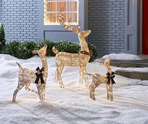 Holiday Home 3 Piece Set Outdoor Christmas Gold Champagne Lighted Deer Buck Doe &amp; Fawn Set Sculptures Yard Decoration Light Up Display