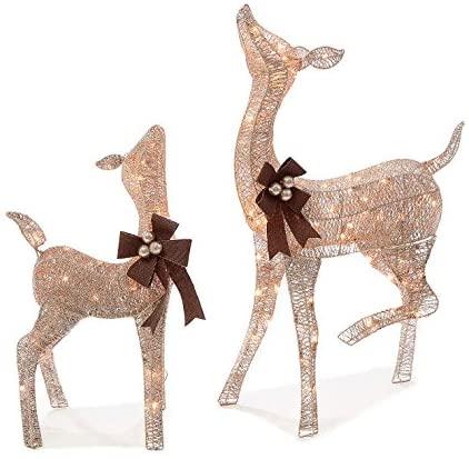 Holiday Home 3 Piece Set Outdoor Christmas Gold Champagne Lighted Deer Buck Doe &amp; Fawn Set Sculptures Yard Decoration Light Up Display