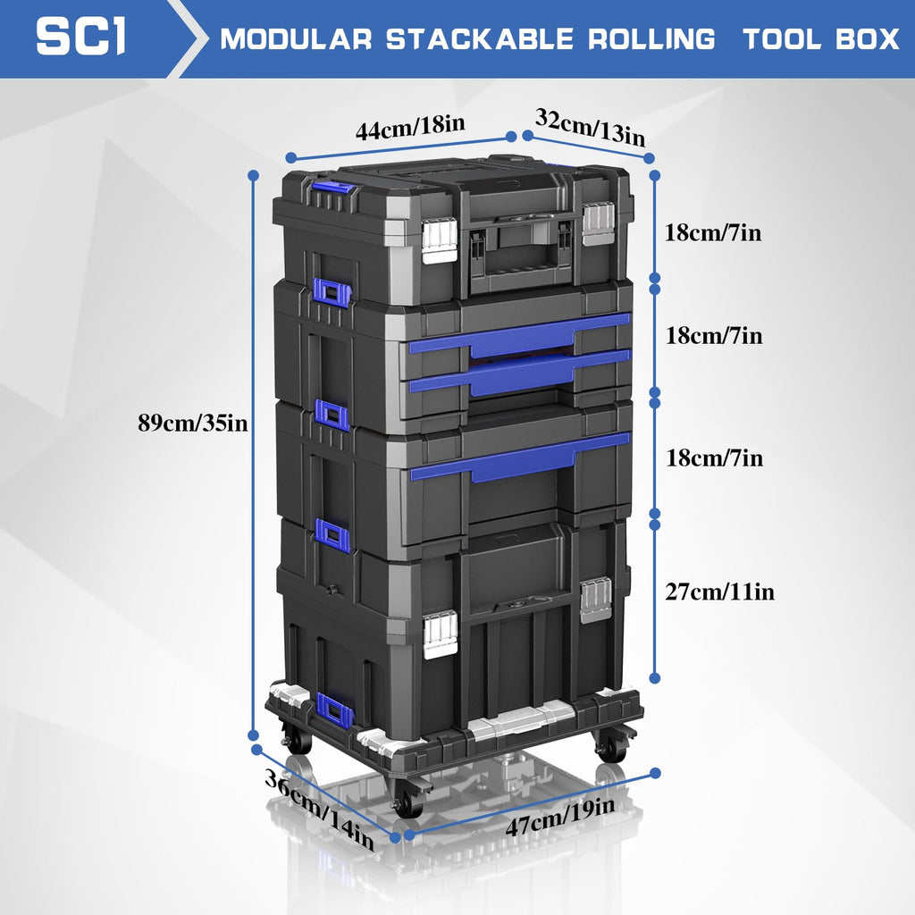 5 Tier Stackable Tool Box with Wheels,Rolling Tool Box with Drawers,Modular Tools Organizer,Portable Tool Box with Transparent Parts Box,LarCapacity Toolbox,for GaraStorage,Home and Repair Shop
