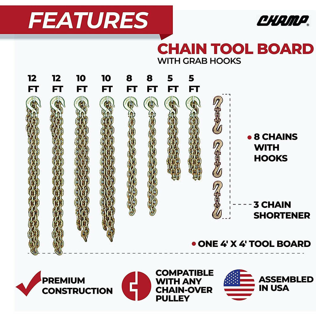 Champ Chain Tool Board with Grab Hooks - 4' x 4' Auto Repair Frame Machine