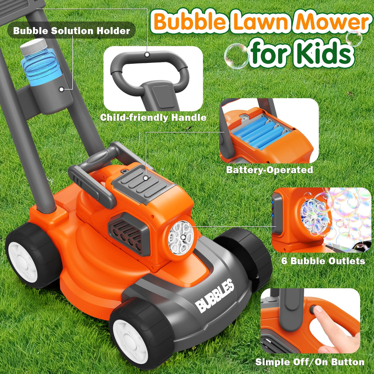 Bubble Lawn Mower for Kids,3-in-1 Bubble Machine Blower Toy Ages 3-8 Oran| Automatic Bubble Blower,10 Solution Packs,Pretend Gardening Play,Push Toy for Toddlers,Summer Outdoor Gift for Boys and Girls