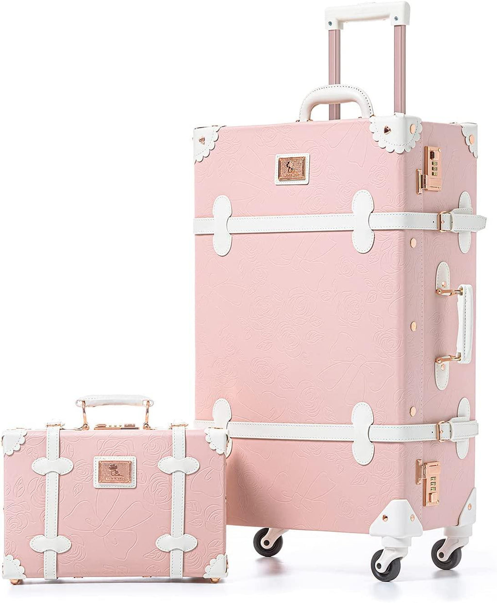 Suitcase Set 26 inch PU Leather Women Luggage with 12 inch Train Case (Embossed Pink)