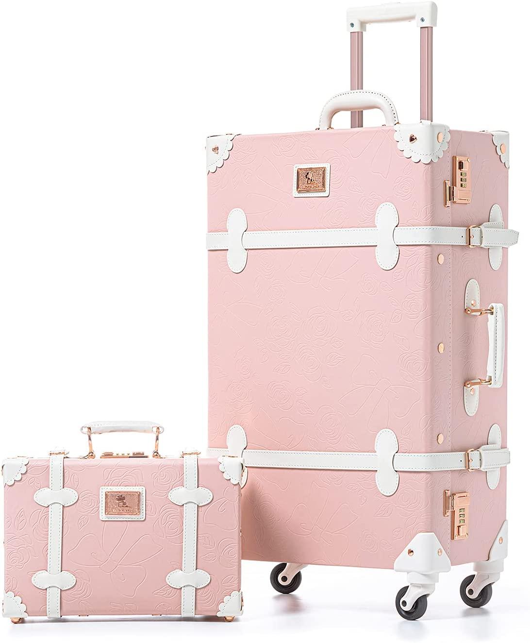 Suitcase Set 26 inch PU Leather Women Luggage with 12 inch Train Case (Embossed Pink)