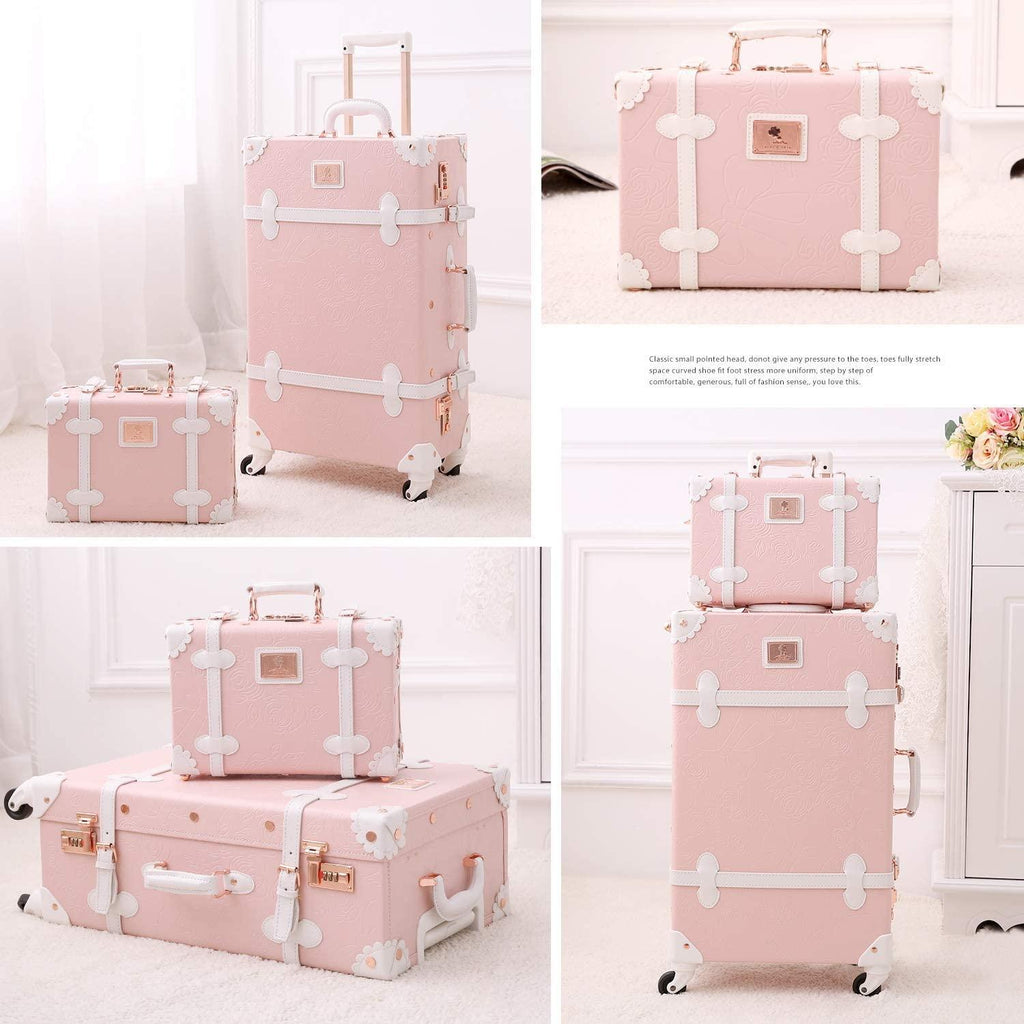 Suitcase Set 26 inch PU Leather Women Luggage with 12 inch Train Case (Embossed Pink)