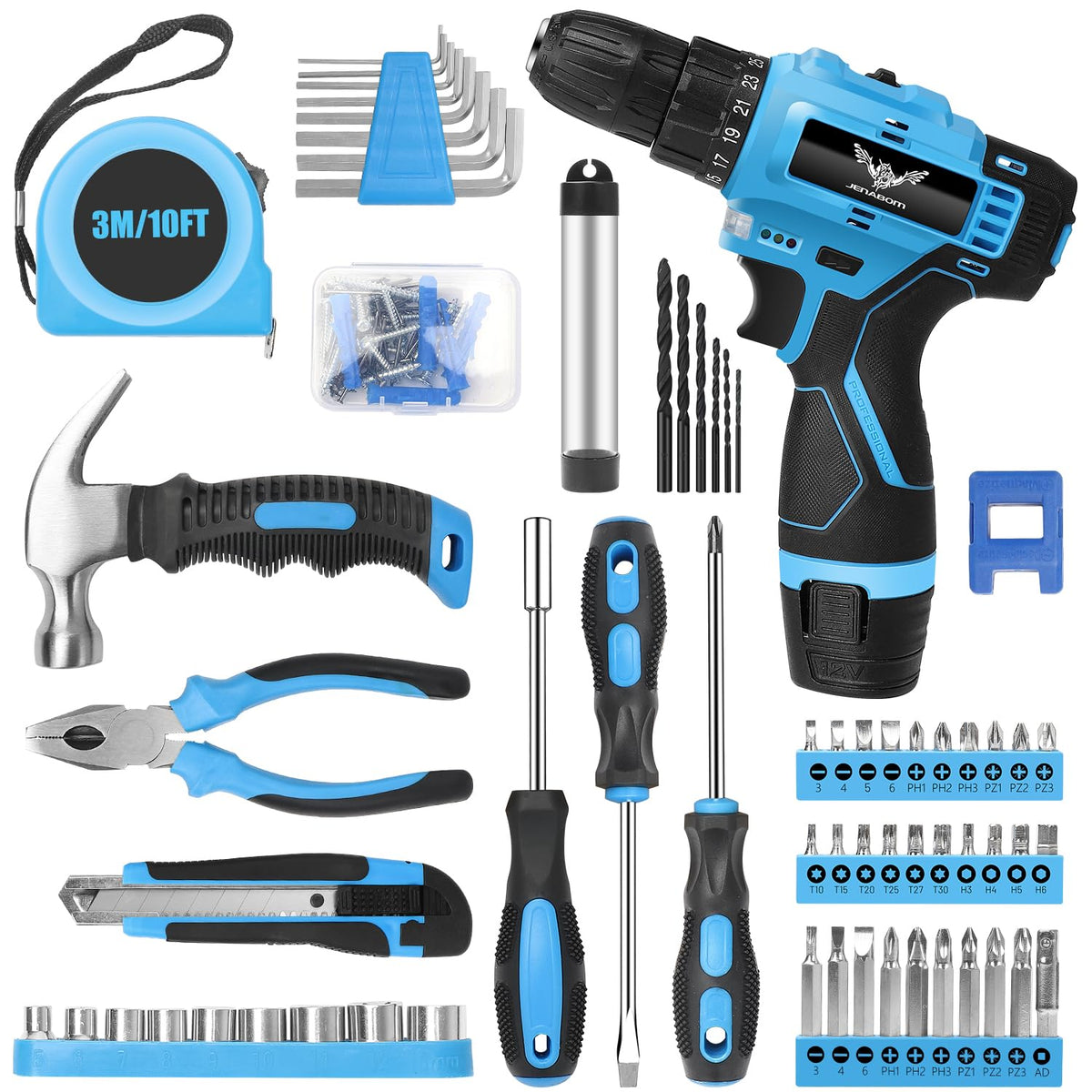 146-Piece Home Tool Set with 12V Blue Cordless Drill | With Portable Toolbox, Hand Tools for Home Repair, DIY Projects & Daily Use, Gift for Women & Men