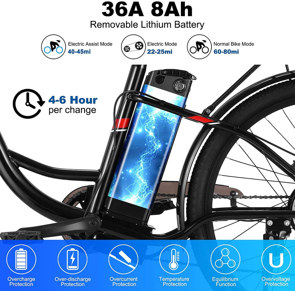 Vivi Electric Bike, 26 Inch City Commuter Bike for Adults, 350W Ebike with 36V 8AH Removable Battery,  7-Speed Cruiser Bikes for Women