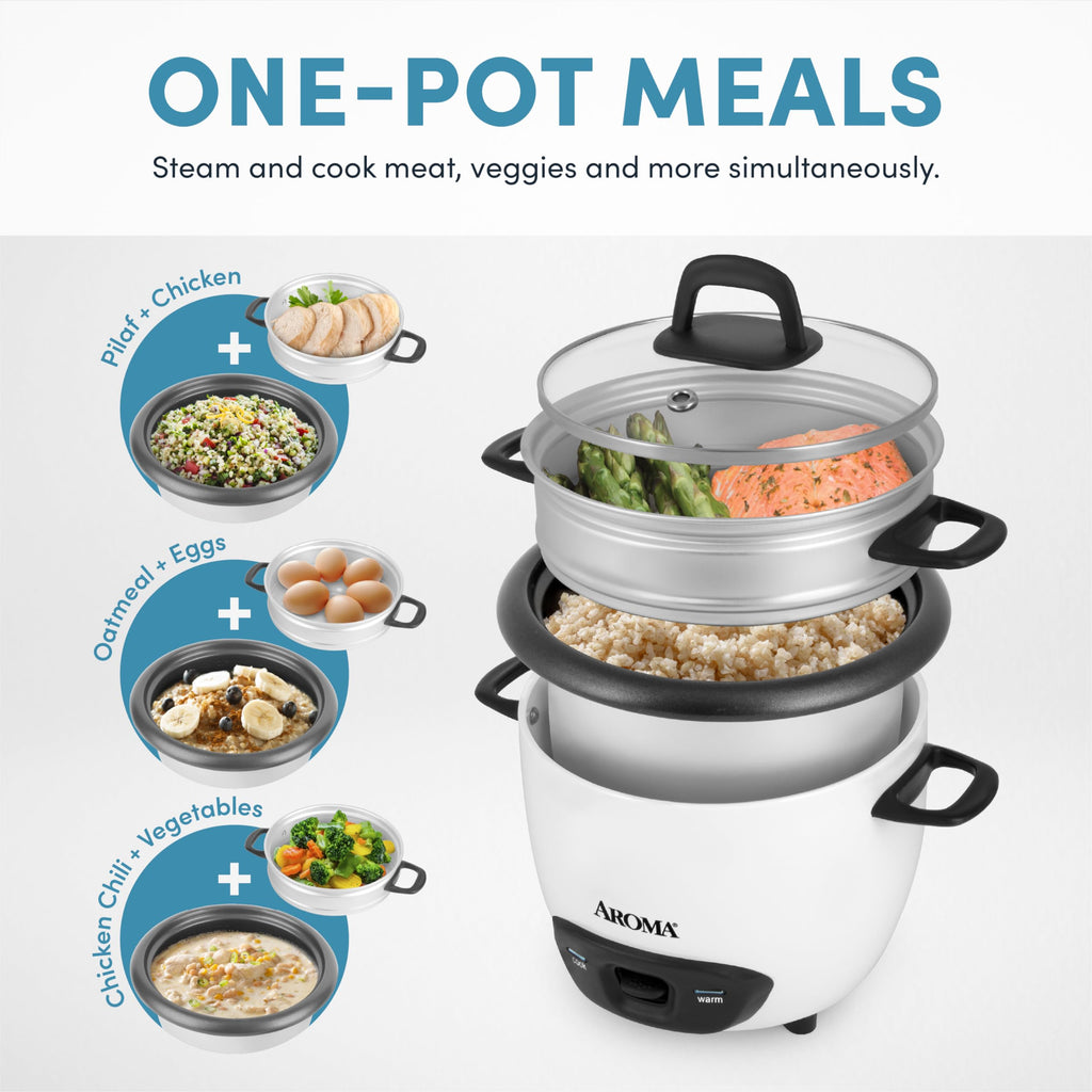 Rice Cooker, 3-Cup (Uncooked) / 6-Cup (Cooked), Steamer, Small Rice Cooker, Oatmeal Cooker, Soup Maker, Auto Keep Warm, 1.5 Qt, White, ARC-743-1NG