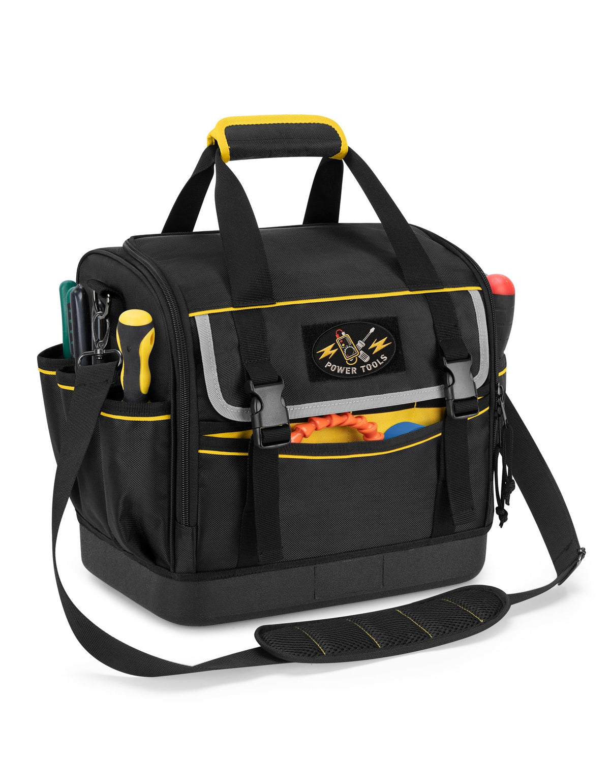 12-Inch Tool Bag with Hard Bottom, Electrician Tool Box Organizer | Detachable Divider, Multiple Pockets, Padded Handle, Adjustable Shoulder Strap, Ideal for Mechanics, Carpenters, Plumbers