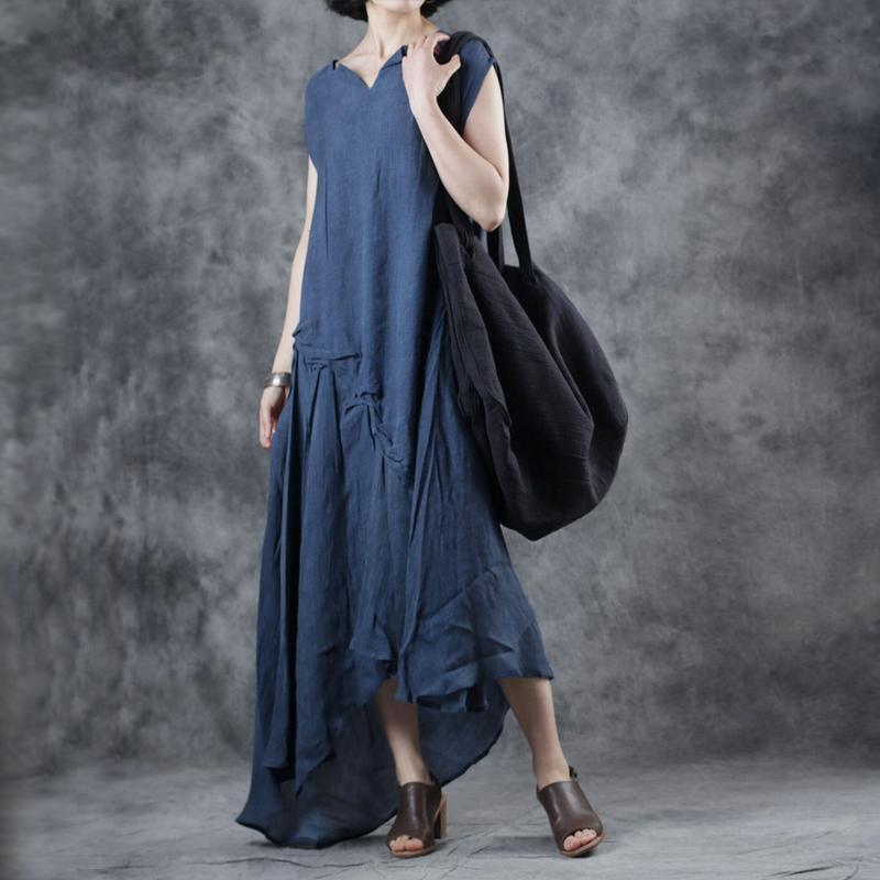 retro summer loose irregular v-neck sleeveless dress