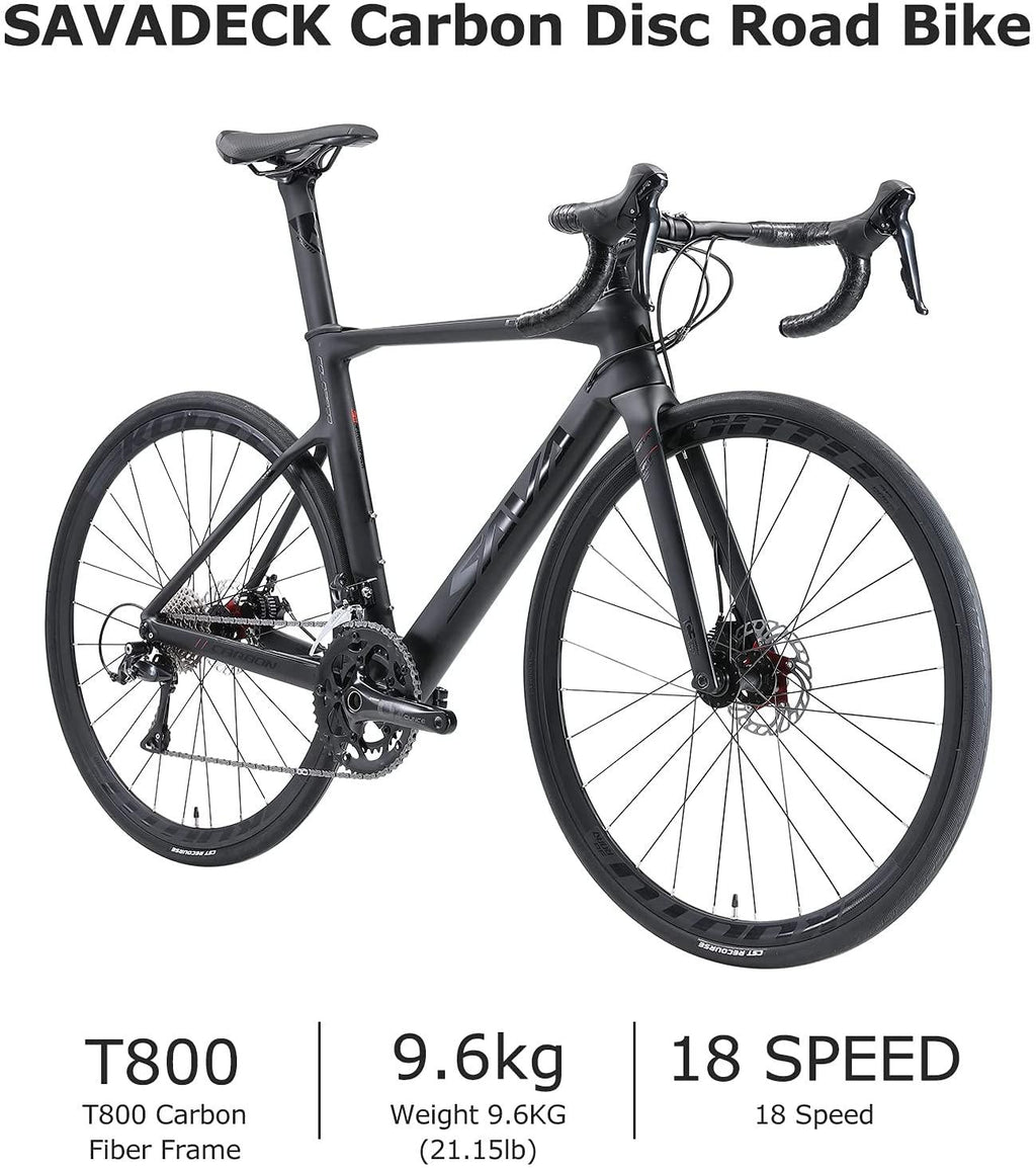 SAVADECK Carbon Fiber Road Bike, 700C Racing Road Bicycle with  SORA R3000 Derailleur System 18 Speed Disc Brake and Thru axle System Mens or Women Bike