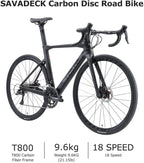 SAVADECK Carbon Fiber Road Bike, 700C Racing Road Bicycle with  SORA R3000 Derailleur System 18 Speed Disc Brake and Thru axle System Mens or Women Bike