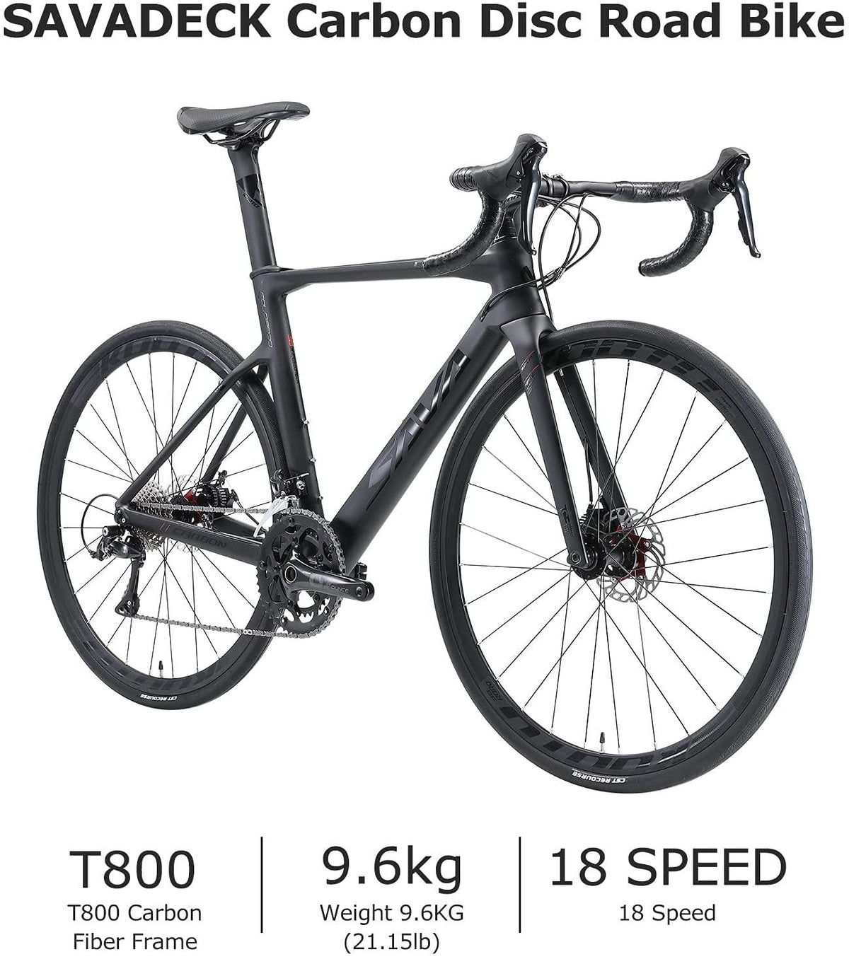 SAVADECK Carbon Fiber Road Bike, 700C Racing Road Bicycle with  SORA R3000 Derailleur System 18 Speed Disc Brake and Thru axle System Mens or Women Bike